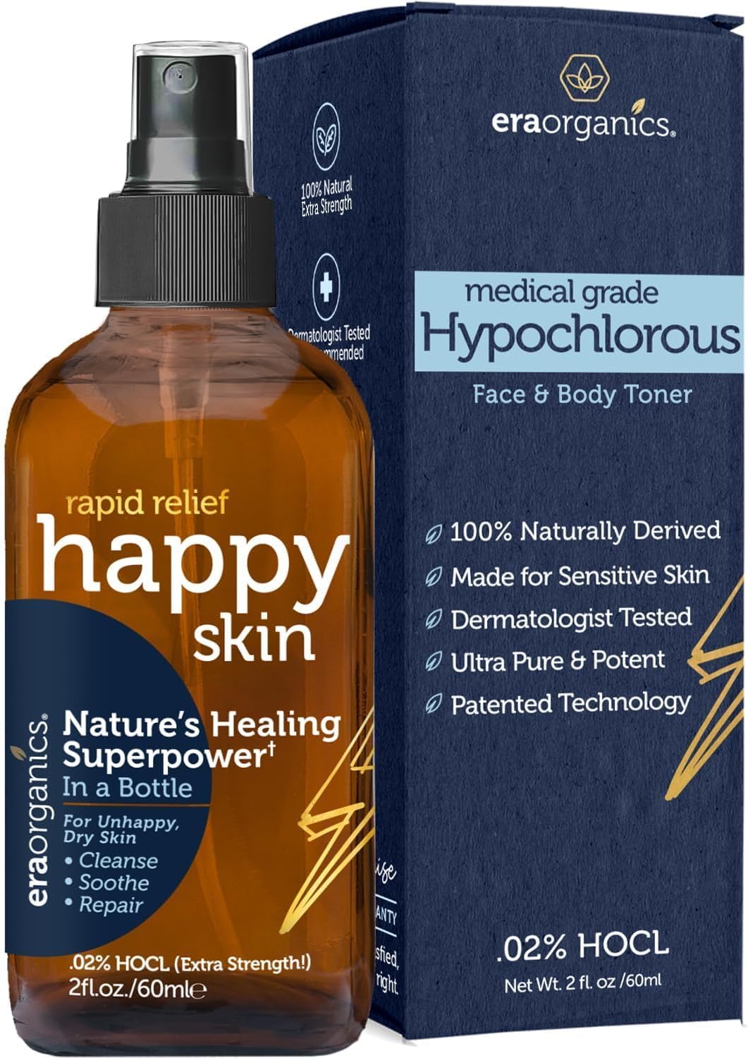 Happy Skin .02% Hypochlorous Acid Spray Toner– Extra Strength, Extra Gentle 100% Natural Toner & Skin Cleanser for Face & Body– Soothe, Hydrate & Repair Dry, Sensitive Skin– pH Balanced, Non-Toxic 2oz