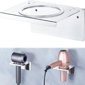 Hair Dryer Holder Wall Mount Blow Dryer Hanger Adhesive Stainless Steel Hairdryer Holder Hanging Hairdryer Organizer Hook with Plug&Cord for Bathroom Barber Shops Cabinet Vanity