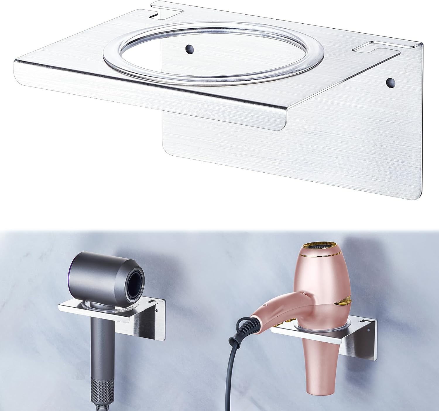 Hair Dryer Holder Wall Mount Blow Dryer Hanger Adhesive Stainless Steel Hairdryer Holder Hanging Hairdryer Organizer Hook with Plug&Cord for Bathroom Barber Shops Cabinet Vanity