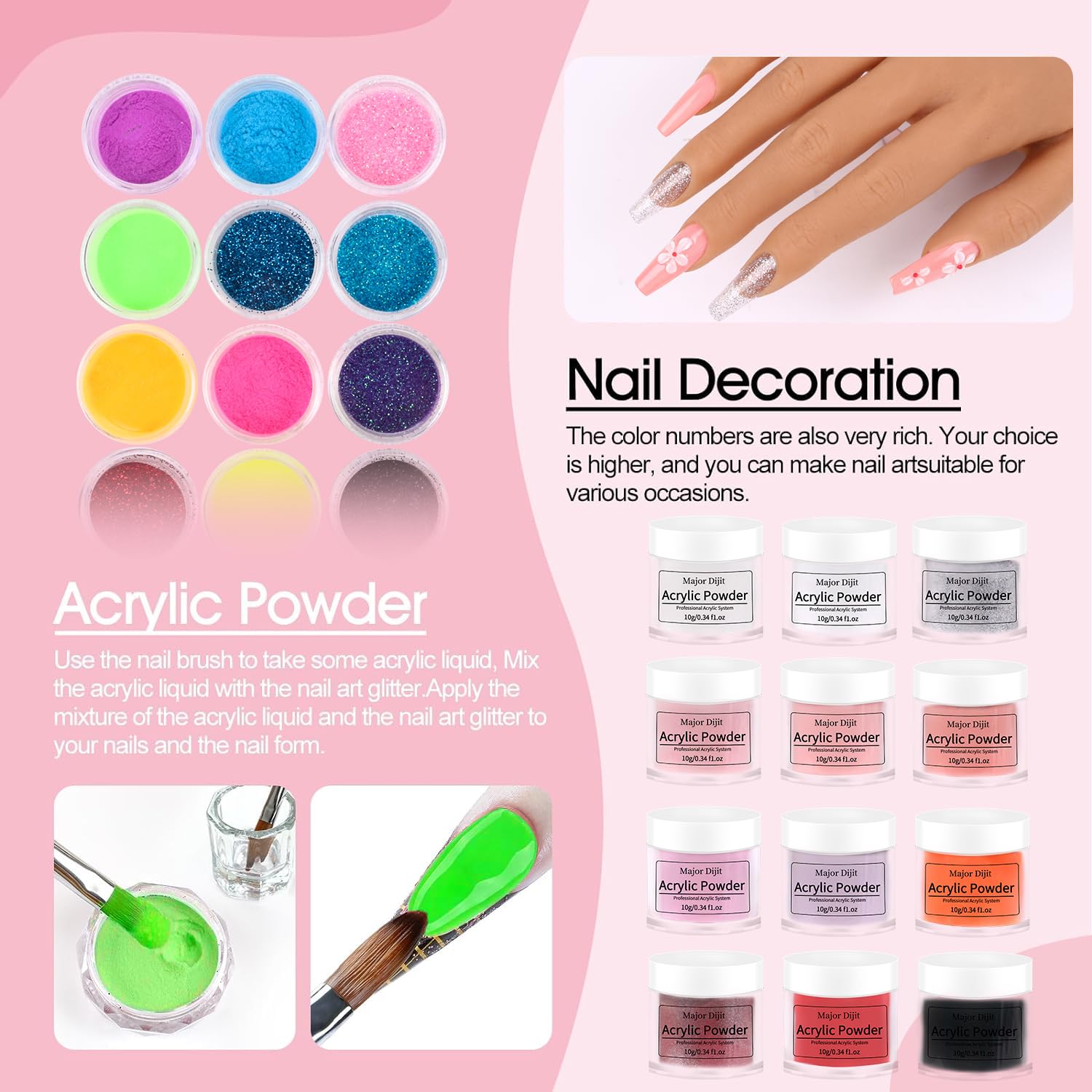 Major Dijit Complete Acrylic Nail Starter Kit with 12 Colors, LED Lamp, and Professional Tools - Image 5