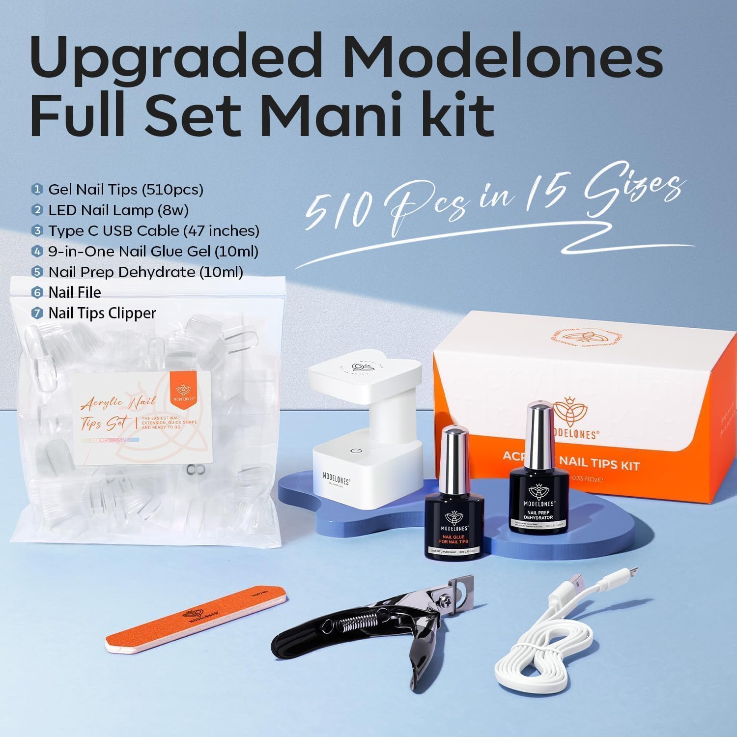 Modelones 510 Piece DIY Gel Nail Extension Kit with 15 Short Square Sizes, LED Lamp, and 9-in-One Glue - Image 8