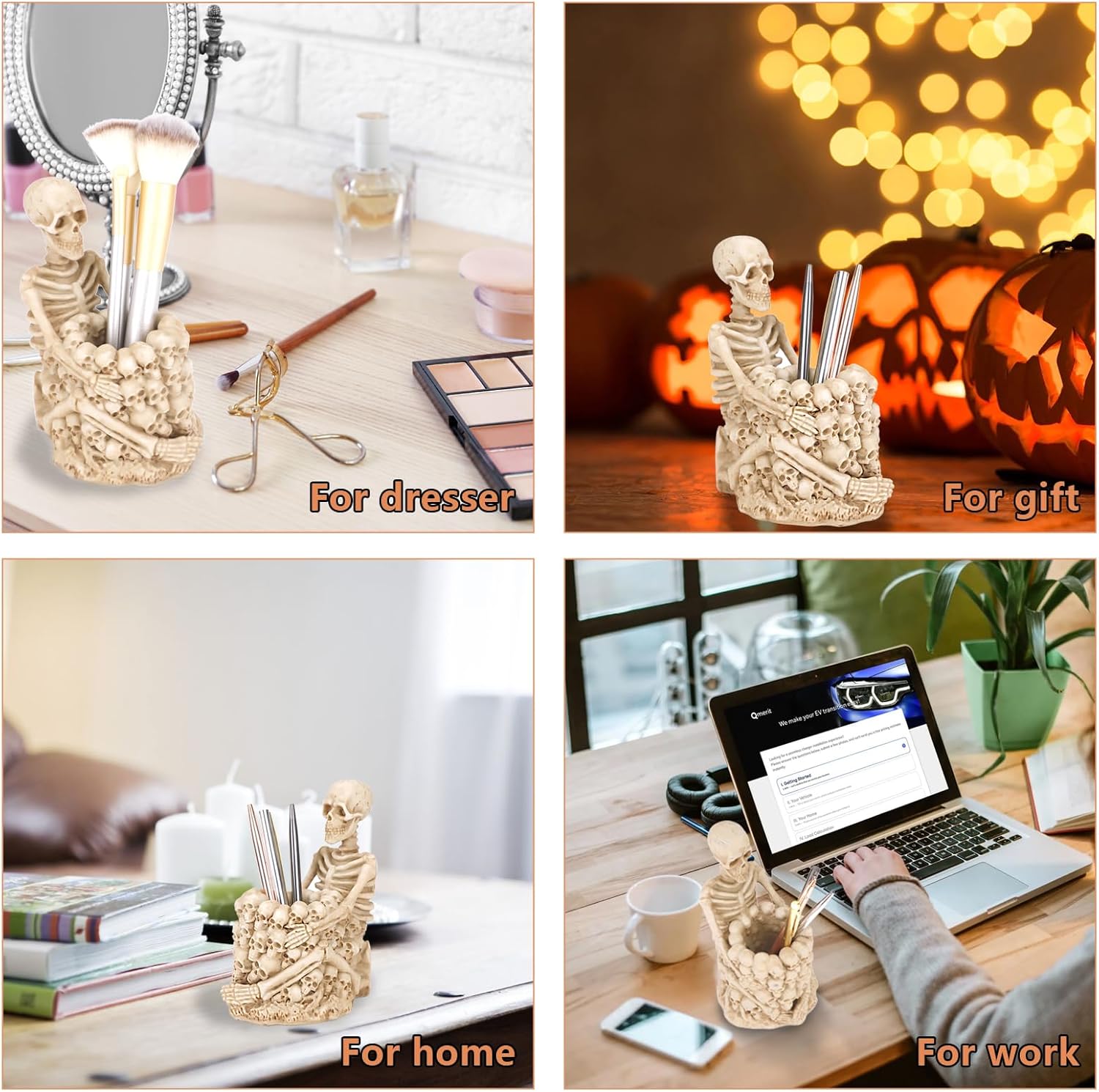 Skull Pen Holder for Desk, Gothic Skeleton Makeup Brush and Pencil Organizer for Home Office - Image 6