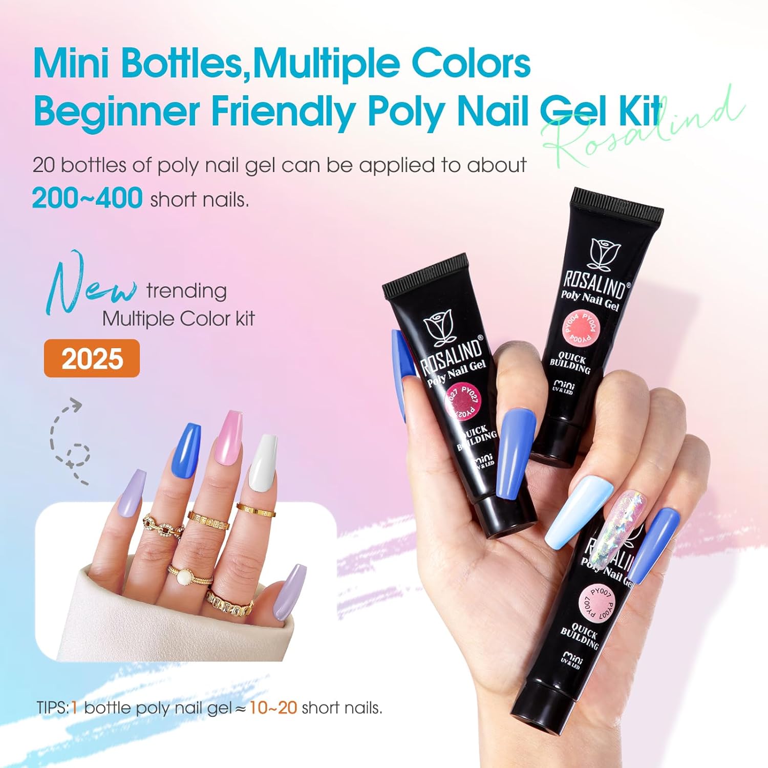 ROSALIND 20-Color Poly Gel Nail Kit with Mini Lamp for All Seasons, Medium Capacity - Image 3