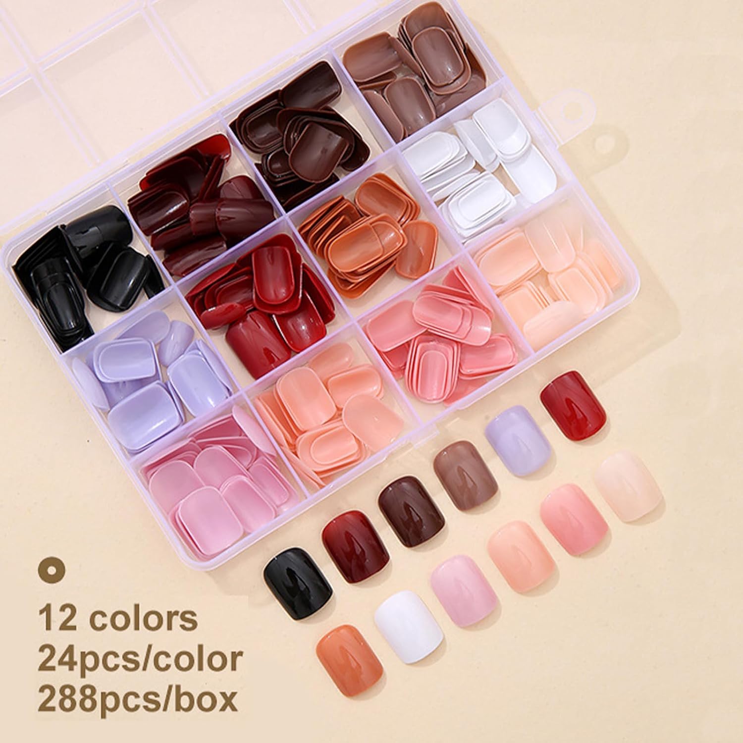 12 Packs of 288 Glossy Square Press-On Nails in 12 Solid Colors for Daily Wear - Image 3