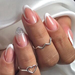White French Tip Press on Nails Medium Almond Fake Nails Silver Glitter Glue on Nails Nude Full Cover Nails Press ons Glossy & Simple Acrylic Nails for Women 24 Pcs
