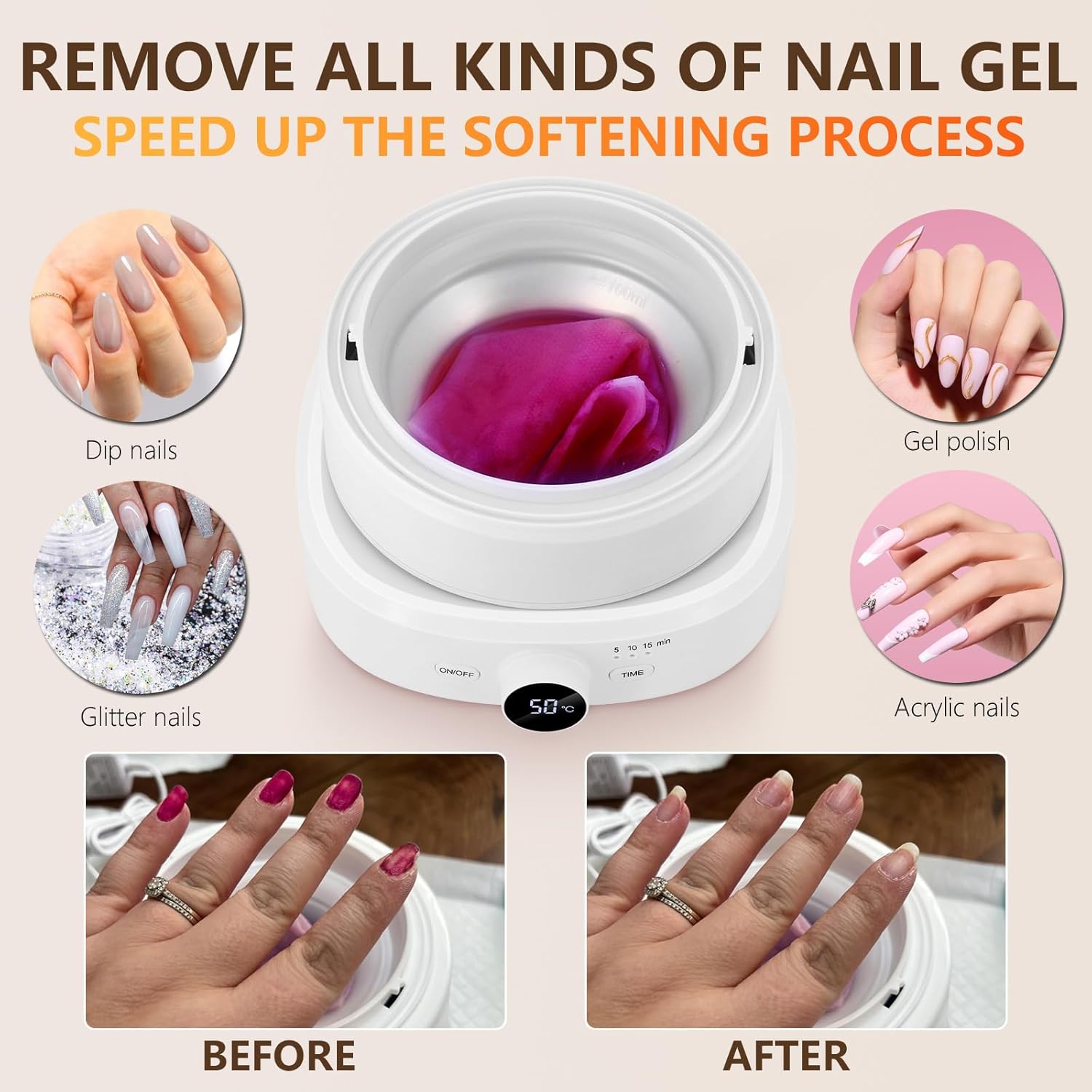 Adjustable Temperature Nail Soaking Bowl for Acrylic and Dip Gel Removal with Cuticle Pusher - Image 4