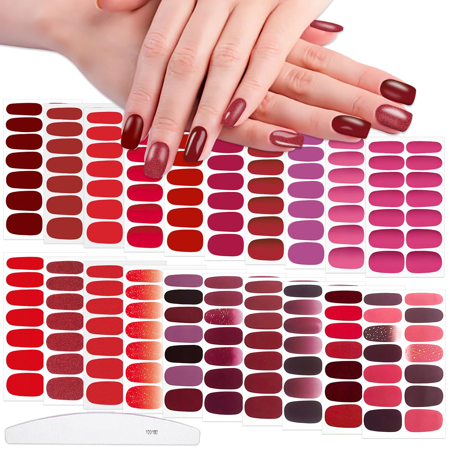 WOKOTO 20 Sheets Red Solid Nail Polish Wraps for Women, Semi-Glossy Solid Gel Nail Strips Stickers Full Wraps, Stick On Nail Polish Strips Stickers for Nails with Nail File