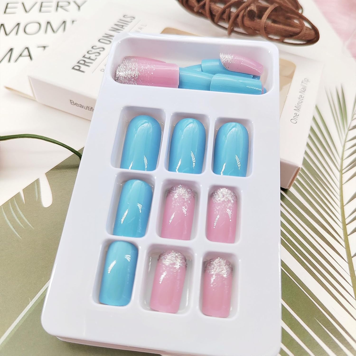 Summer Glitter Acrylic Square Press on Nails Medium Length 24 Pcs - Image 3