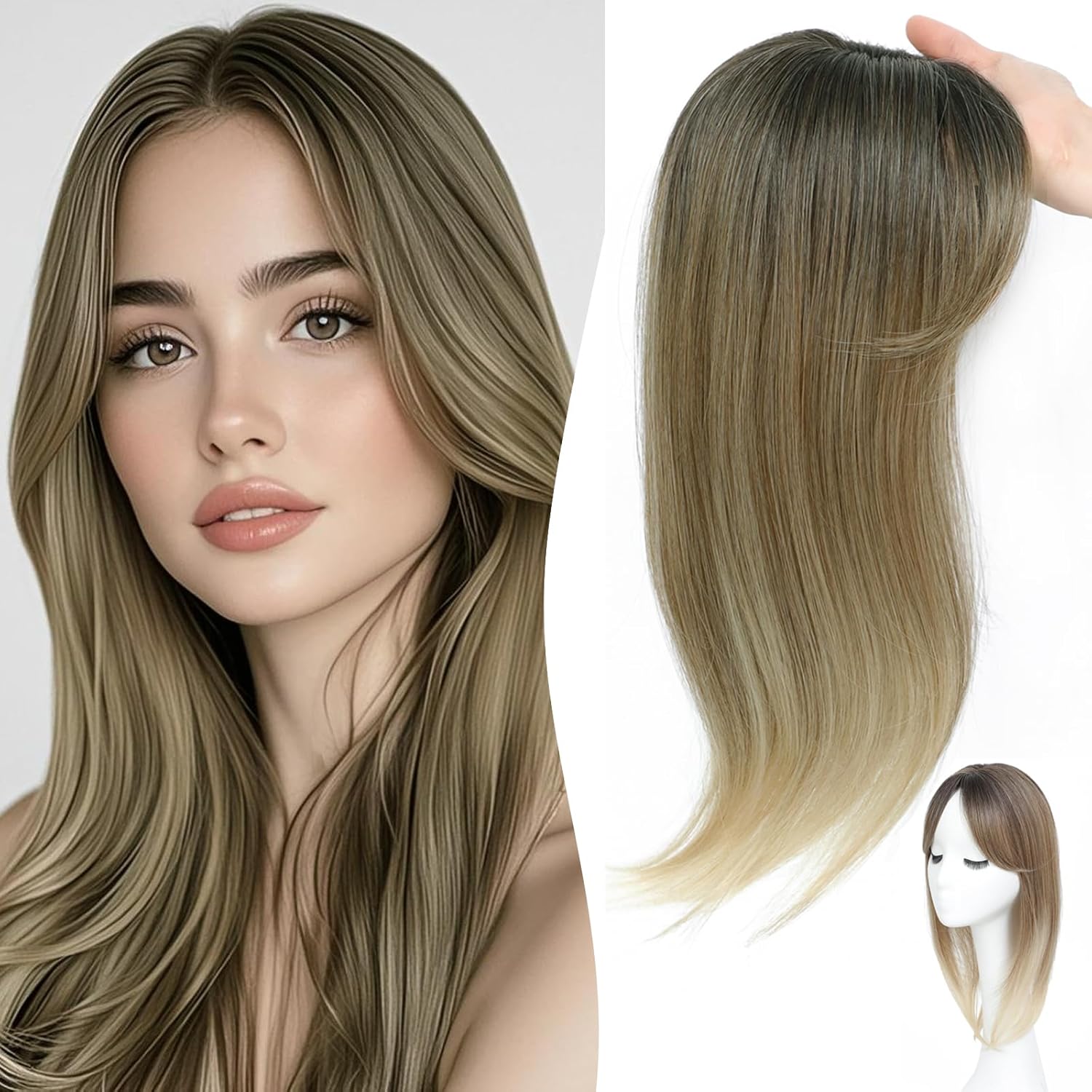 Hair Topper, 360° 3D Hair Toppers for Women with Thinning, 18 Inch Long Pieces for Women Clip in Wispy or Side Bangs (Ombre Light Brown to Blonde, 3D Side Bangs)