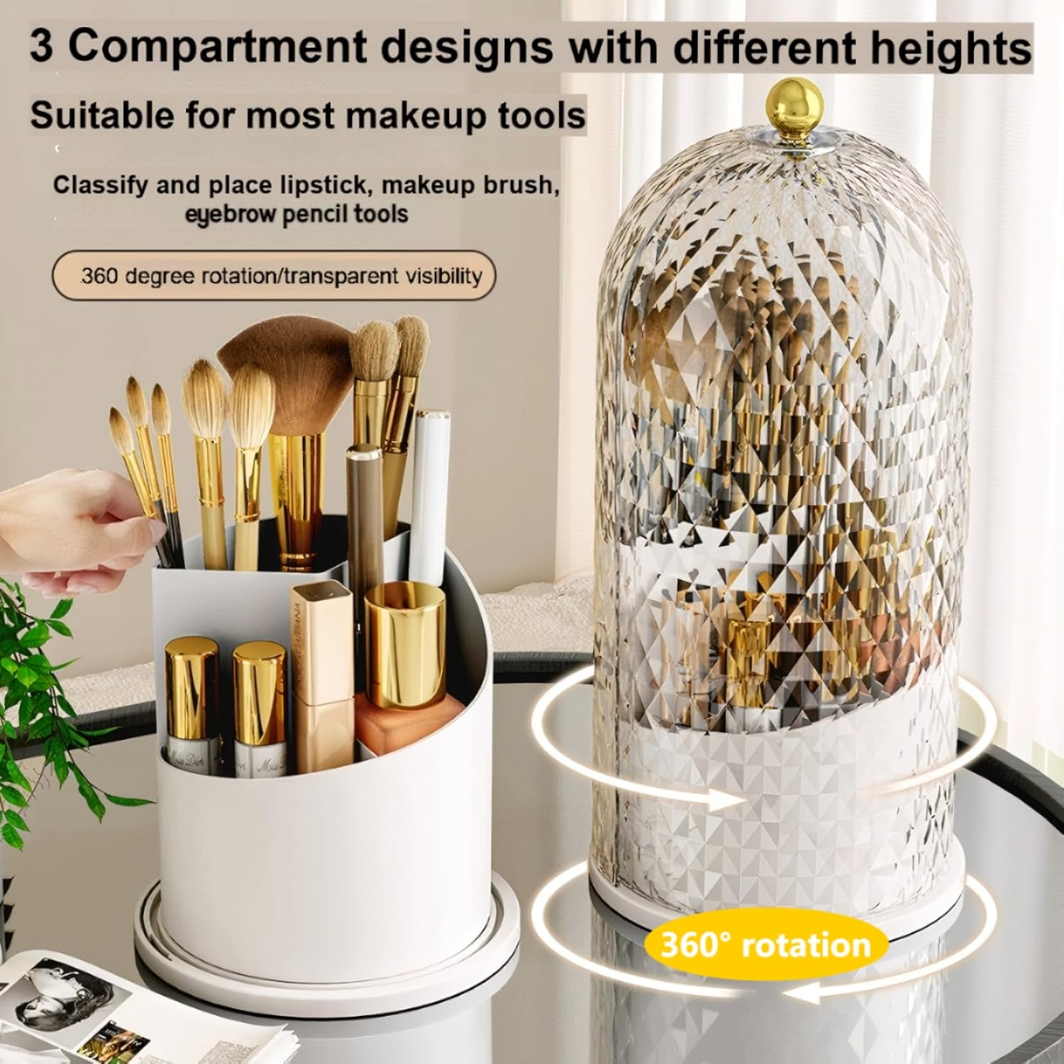 White 360 Rotating Makeup Brush Holder with Lid, Waterproof Vanity Storage Box - Image 2