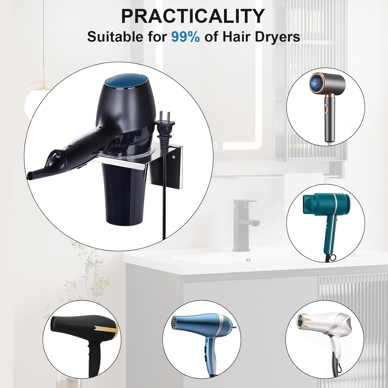 Stainless Steel Wall Mount Adhesive Hair Dryer Holder Organizer for Bathroom & Barber Shops - Image 5