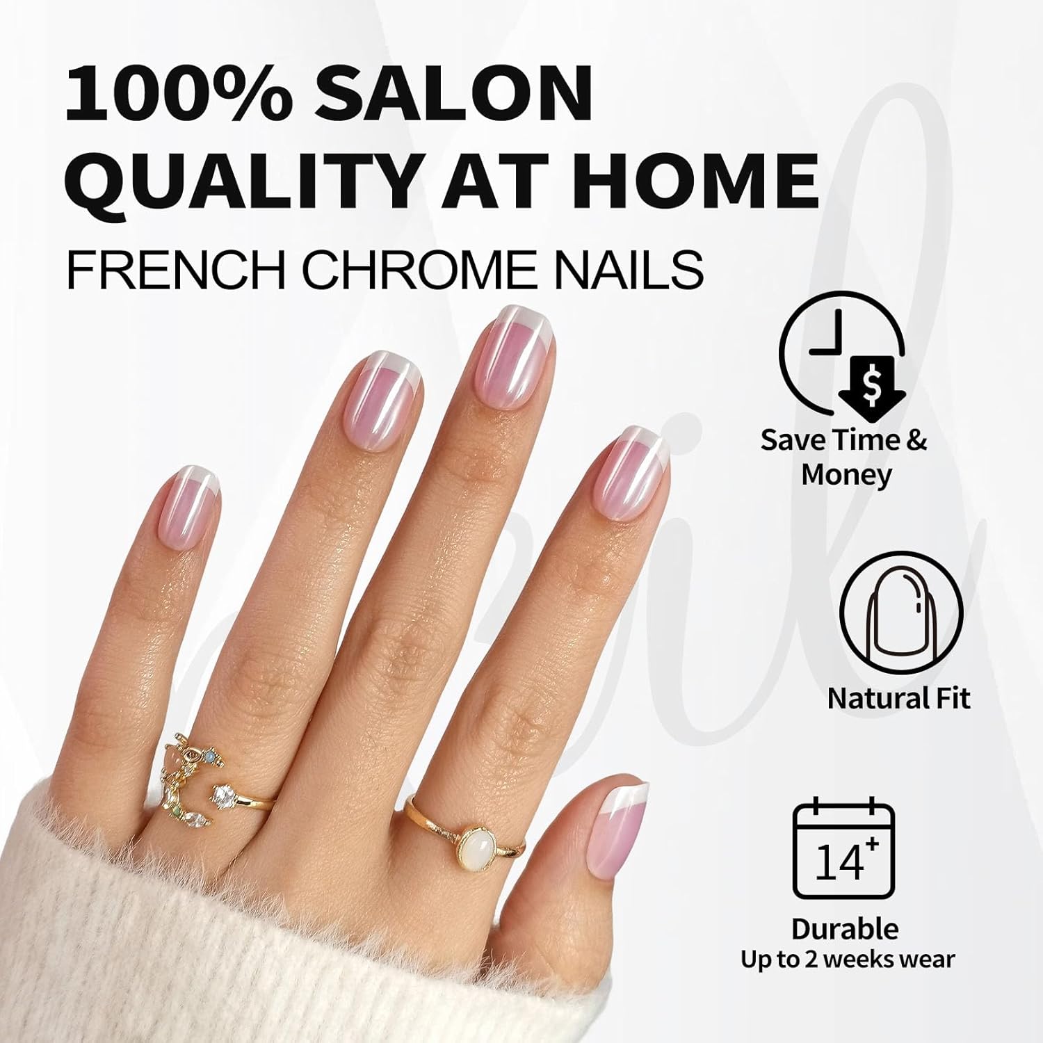 Short White Chrome French Press Gel Nails with Glue - 32 Reusable Stick-on Nails in 16 Sizes - Image 2