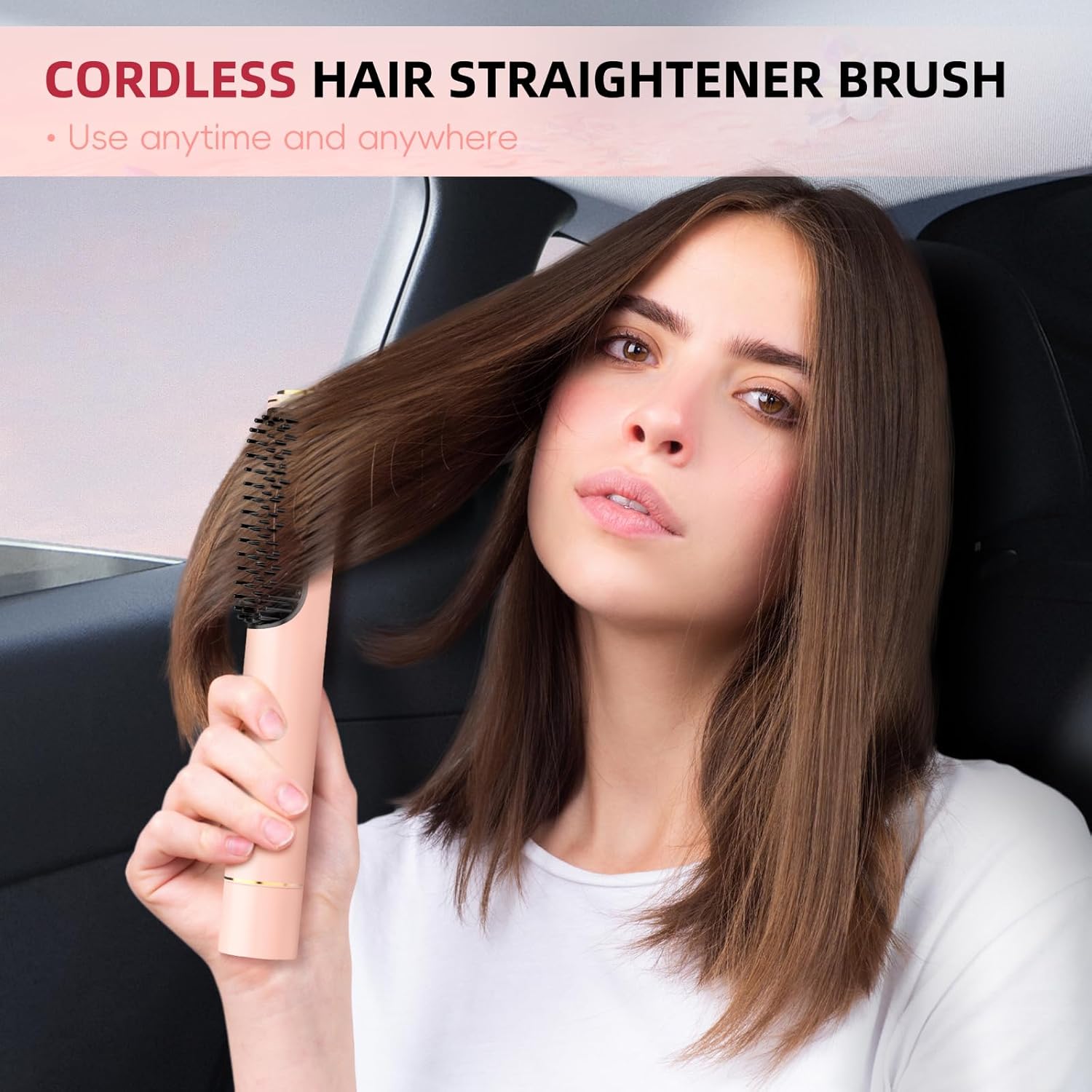 Portable Cordless Ceramic Hair Straightener Brush, Pink, Fast Charging, Dual Power, Travel Friendly - Image 2