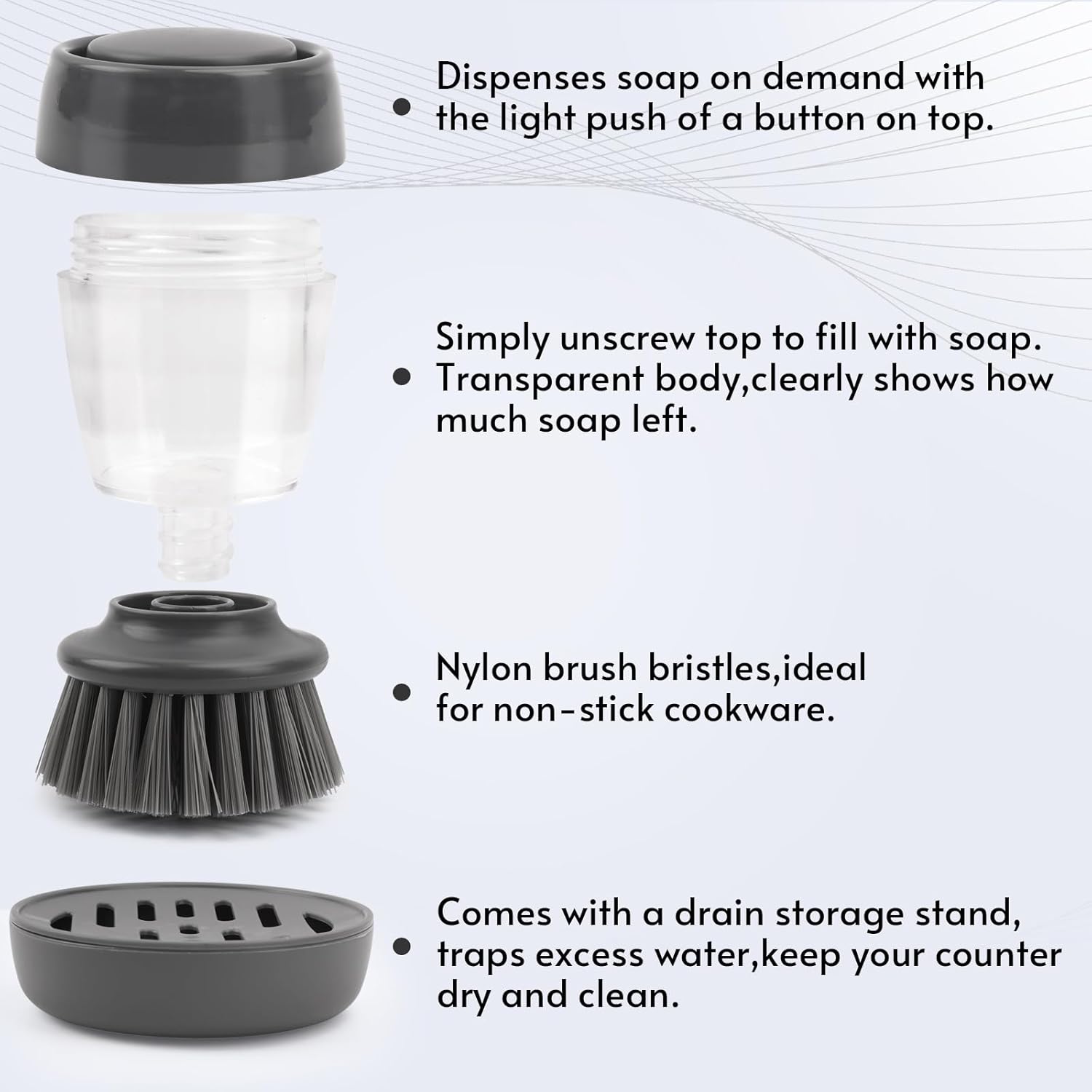 Palm Dish Brush with Built-in Soap Dispenser and Draining Tray for Kitchen Cleaning - Image 3
