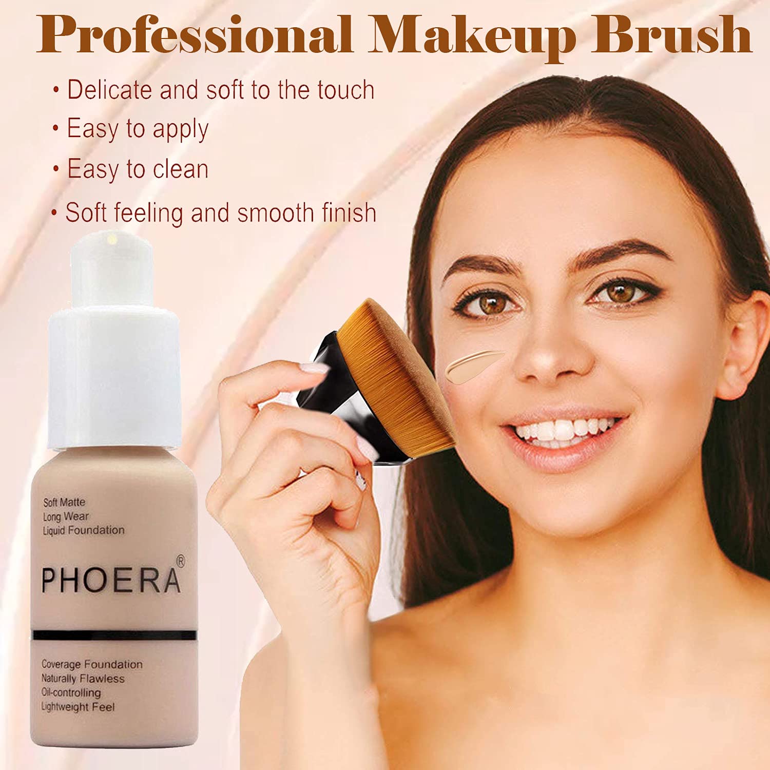 2 Piece 30ml Matte Full Coverage Liquid Foundation Set with Kabuki Brush Buff Beige & Sand - Image 4