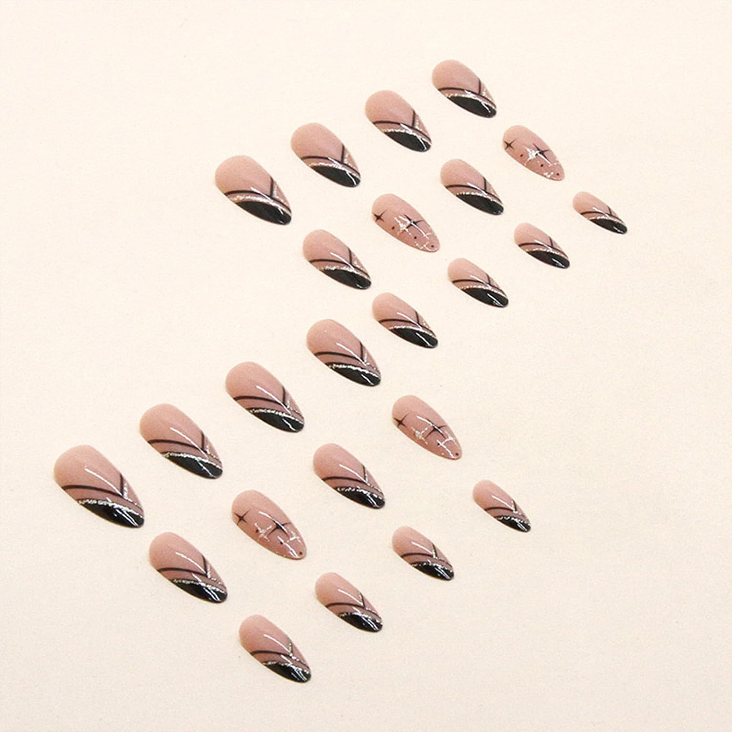 Medium Almond Black French Tip Press on Nails with Glitter and Silver Line 24Pcs - Image 4
