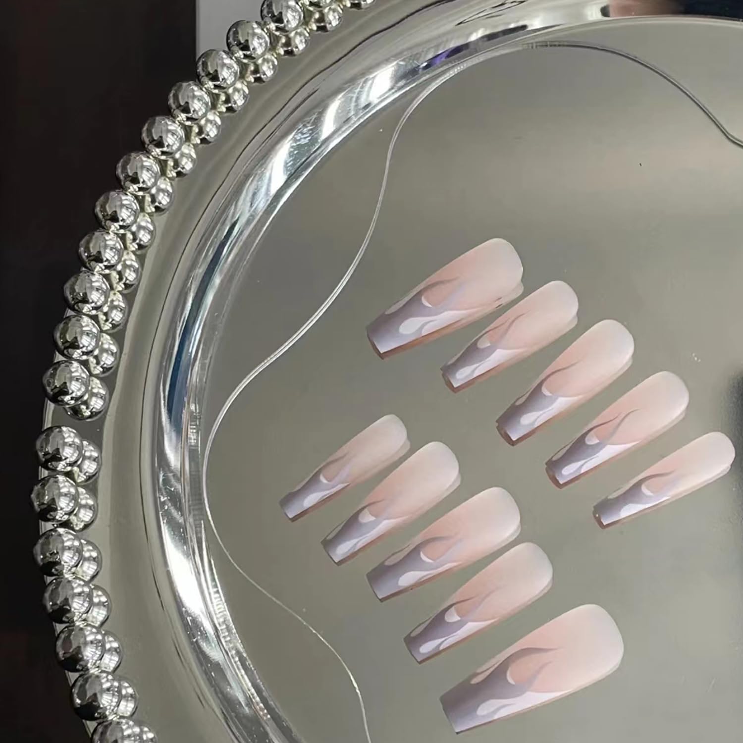 24Pcs Long Grey French Tip Coffin Press on Nails for Women with Glue - Image 2