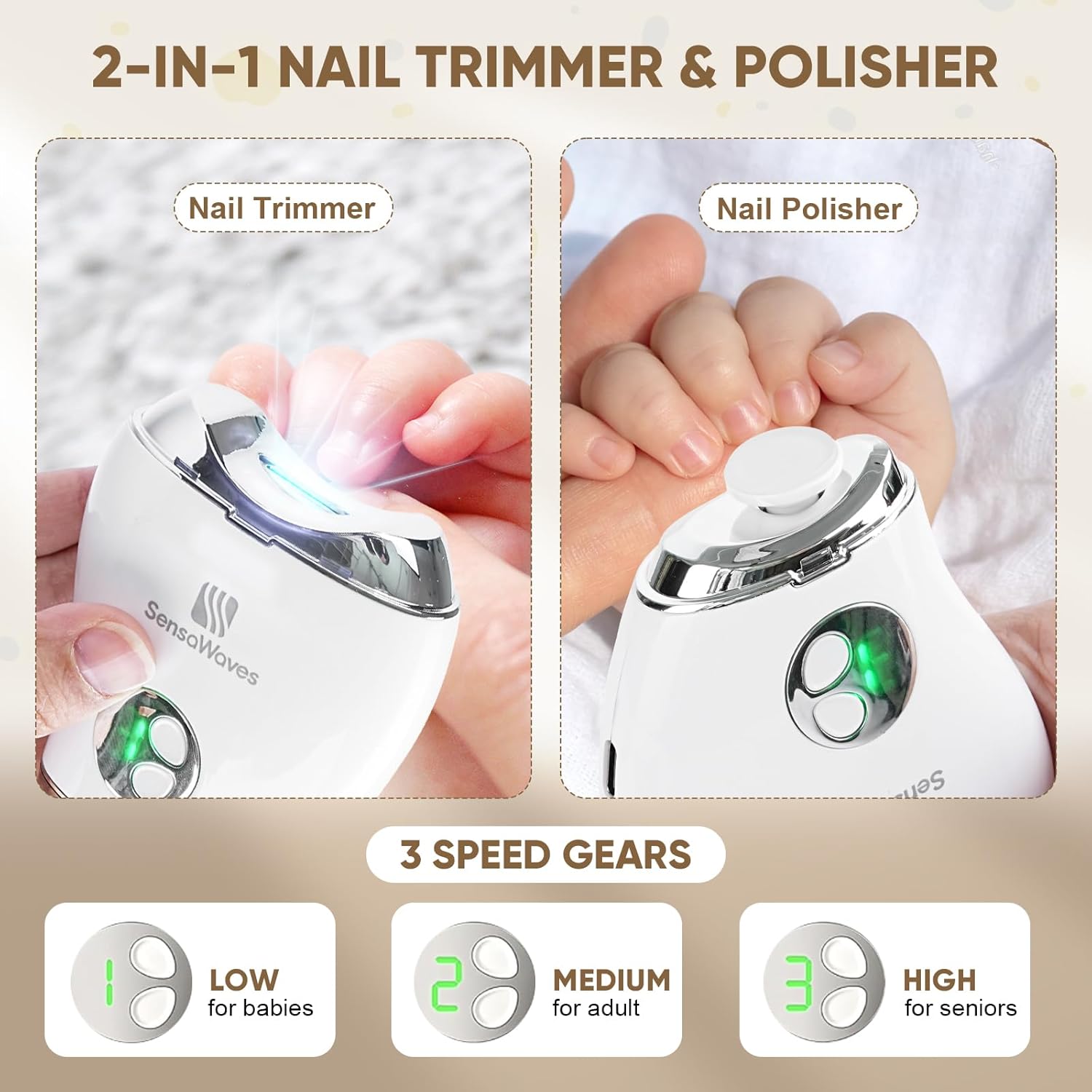 Gentle Electric Baby Nail Trimmer and Polisher, 3-in-1 Set, USB Rechargeable, LED Light, 3 Speed - Image 3