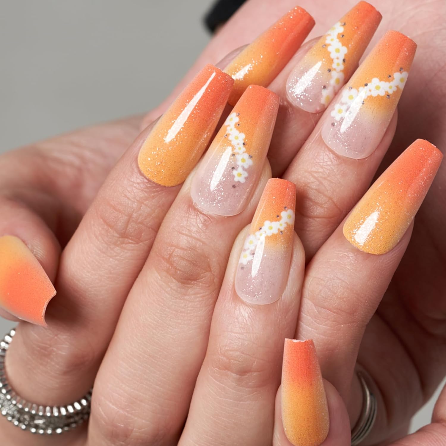 GLAMERMAID Long Ombre Orange Coffin Press on Nails 24 Pcs Reusable with Adhesive Tabs - Image 2