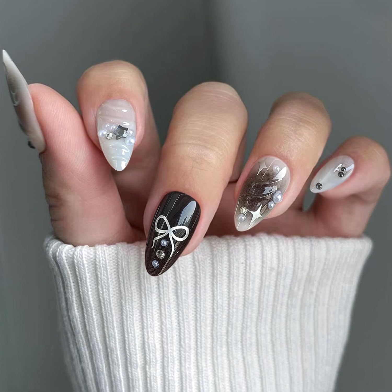 Goth Edgy Almond Press on Nails 24pcs with 3D Bow and Silver Star Embellishments - Image 6