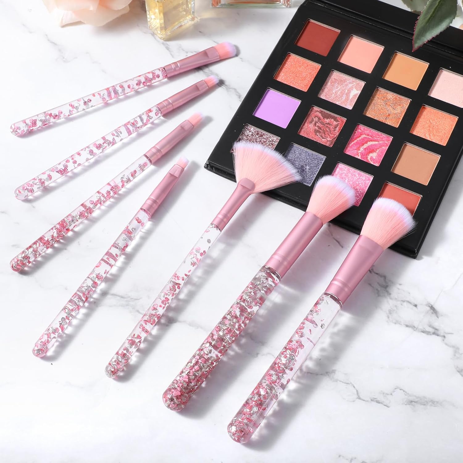 7 Piece Cute Pink Makeup Brush Set with Sequins Handle for Foundation, Blush, and Eyeshadow - Image 5