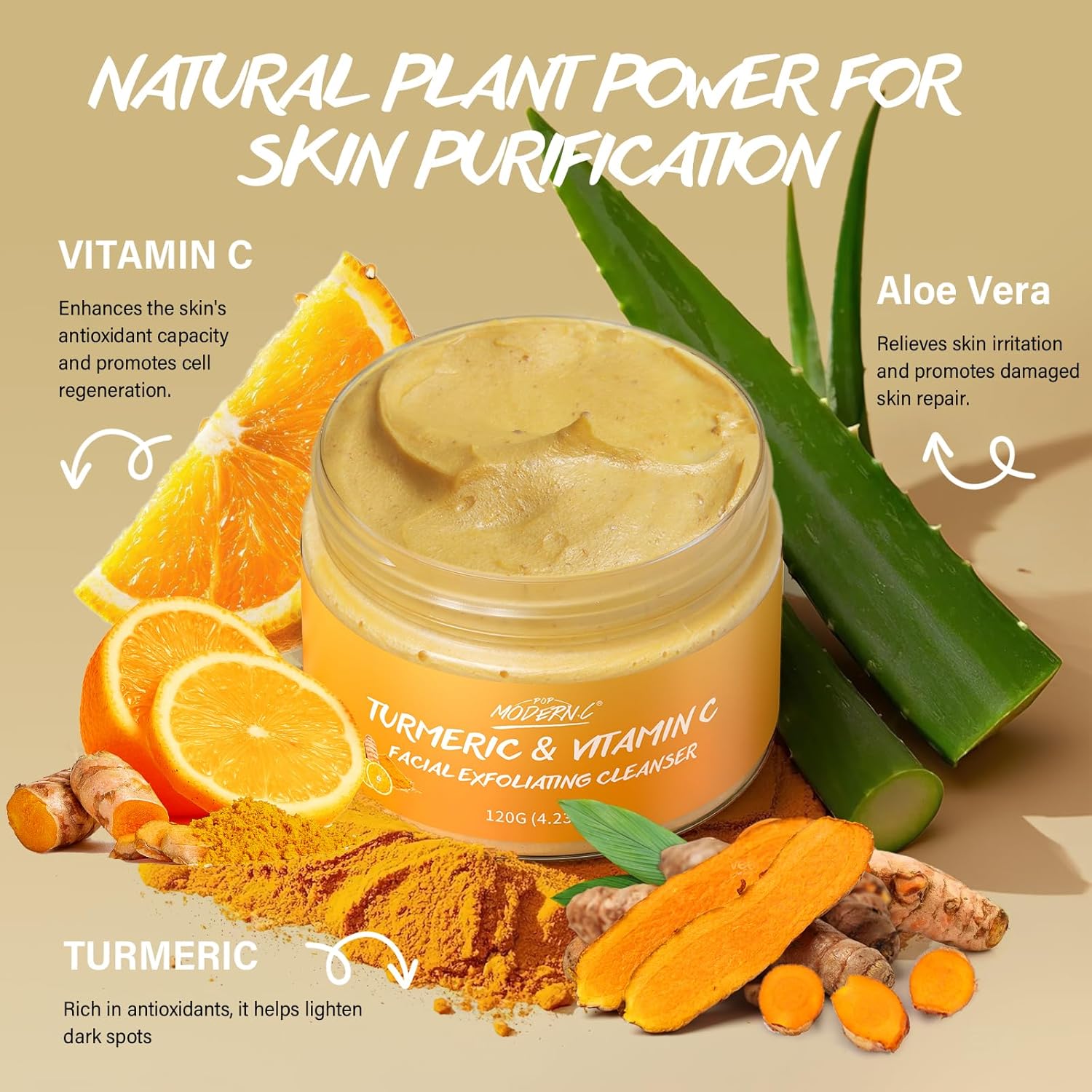 Turmeric Exfoliating Face Wash with Vitamin C, 6 oz Foaming Cleanser for All Skin Types - Image 3