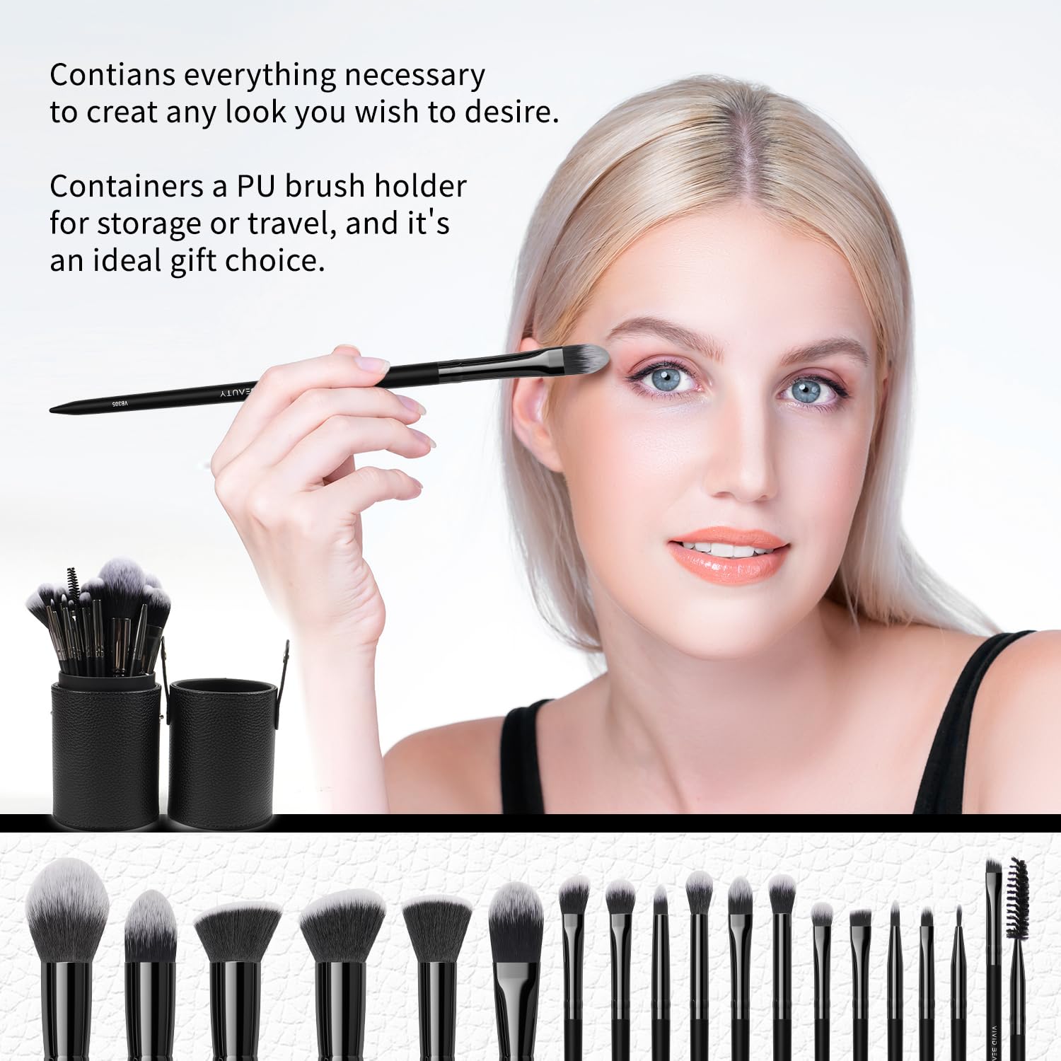 18 Piece Makeup Brush Set with Case, Soft Synthetic Fibers, Durable Metal Ferrule - Image 3