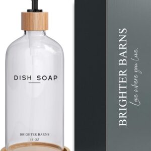 Clear Glass Dish Soap Dispenser by Brighter Barns - Kitchen Sink Set With Bamboo Tray - Modern Decor and Accessories, Minimalist Neutral Home (Clear)