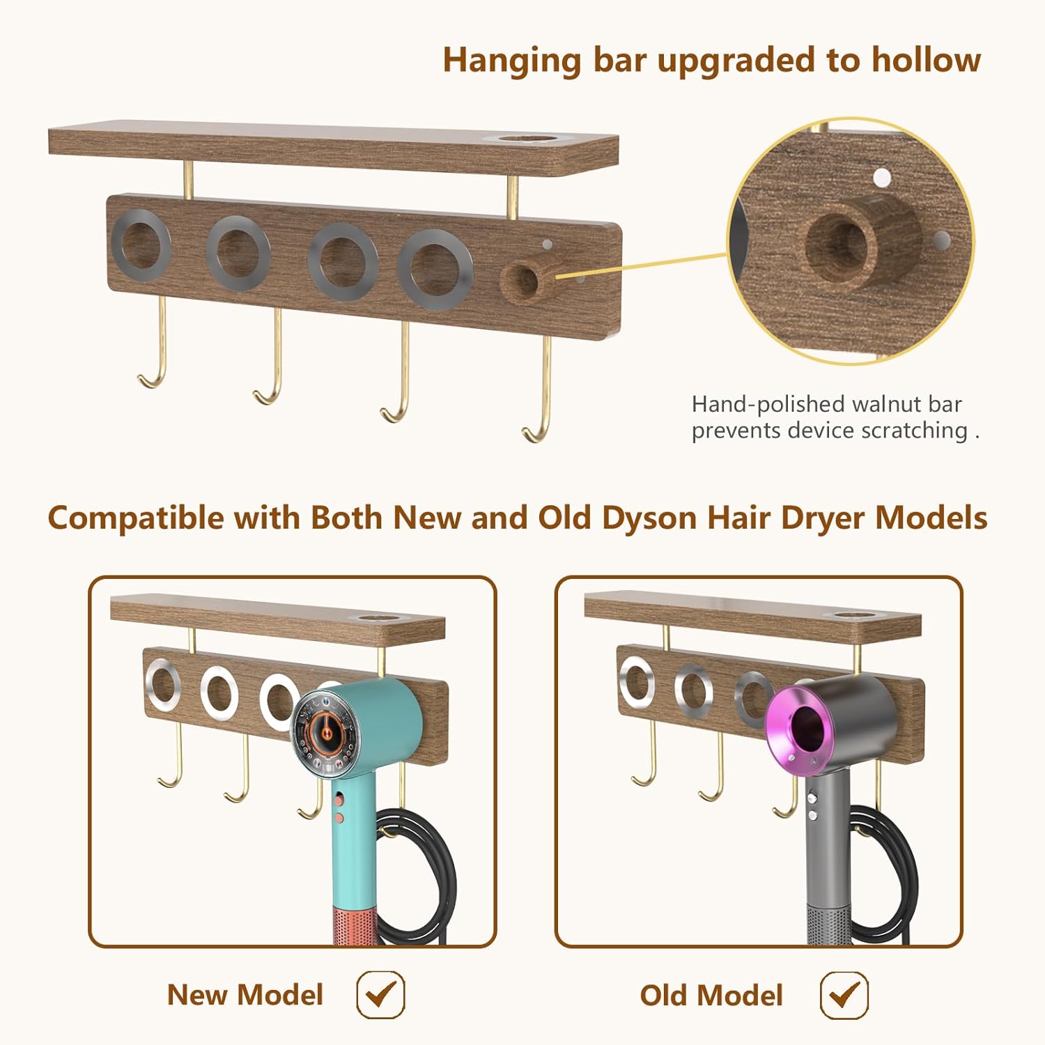 Wooden Wall Mount Holder Organizer for Dyson Supersonic Hair Dryer and Accessories - Image 2