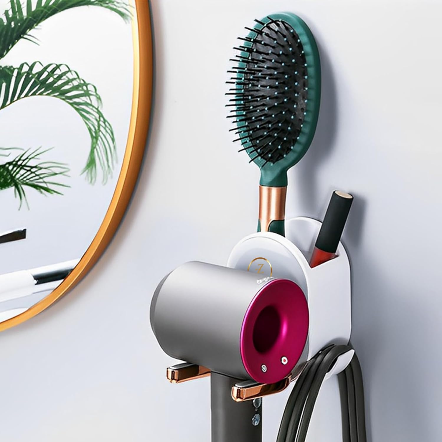 White Bathroom Wall Mount Hair Dryer Holder Organizer with Caddy and Plug Hook - Image 6
