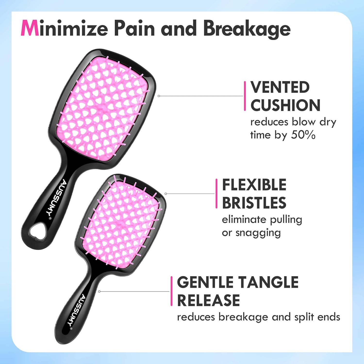 Vented Detangling Hair Brush Set - 2 Pack Regular and Mini Round for All Hair Types - Pink - Image 2