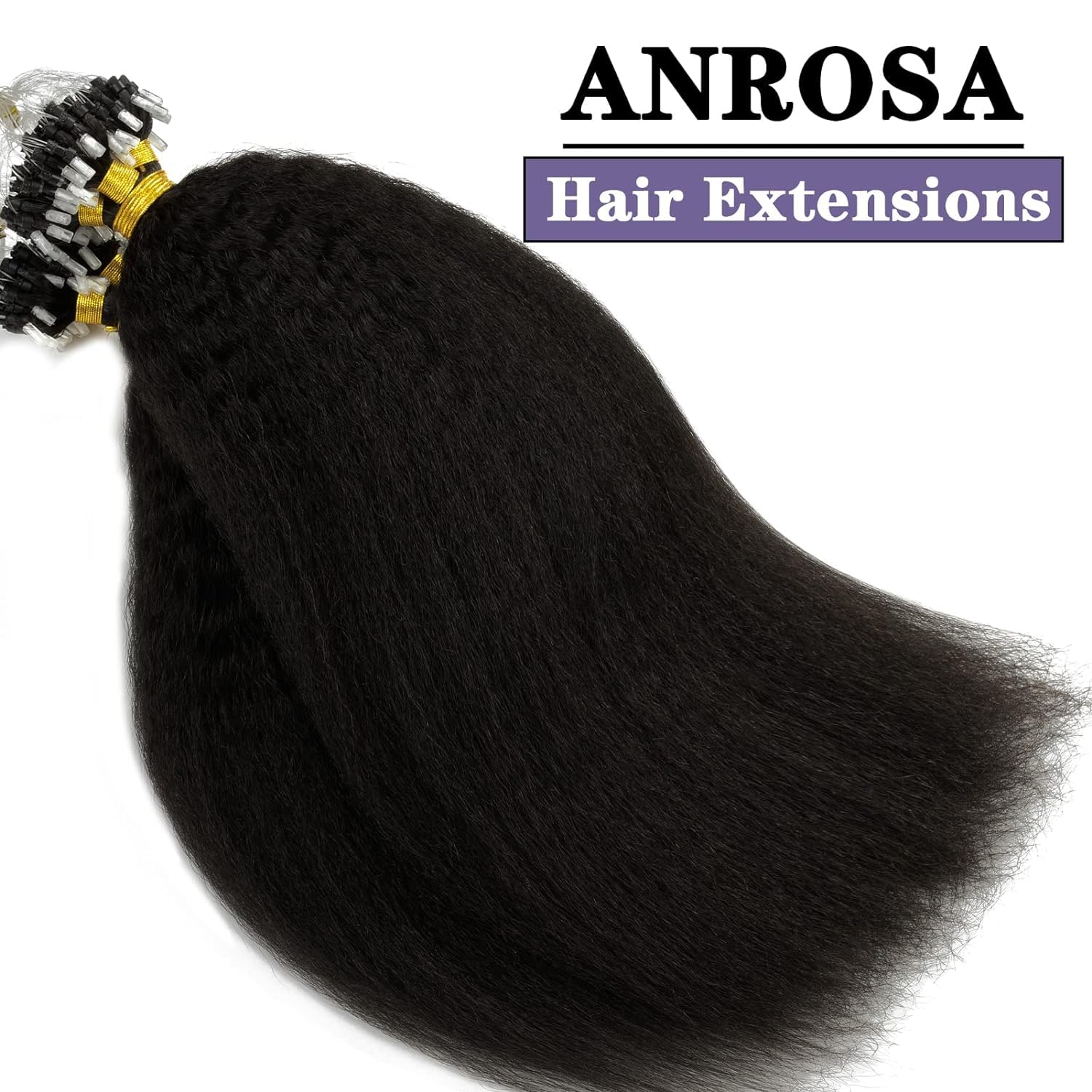 Anrosa 18 Inch Kinky Straight Micro Links Hair Extensions for Black Women, Natural Black Color - Image 6