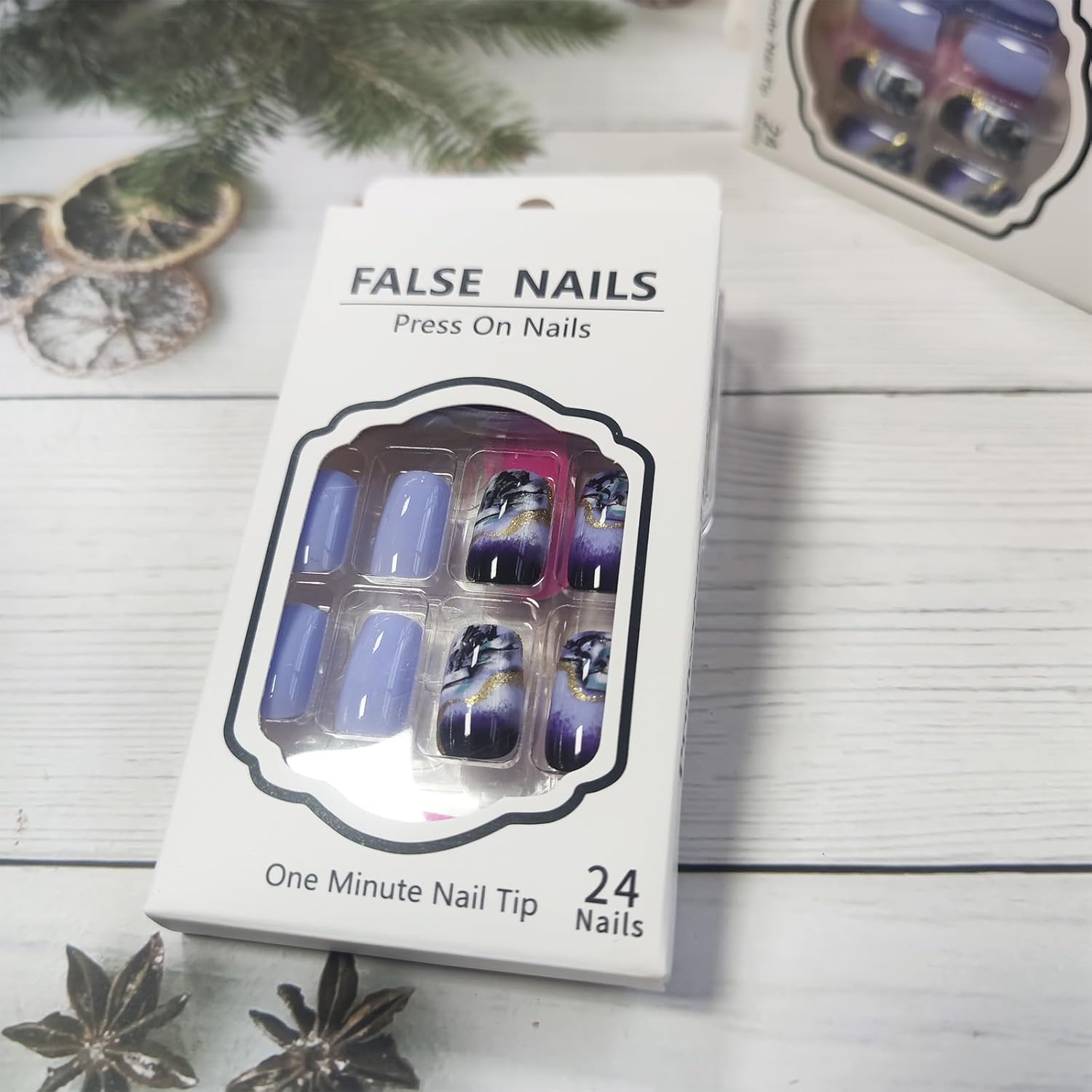 24 Pcs Medium Square Dark Purple Gradient Acrylic Press on Nails with Gold Lines - Image 4