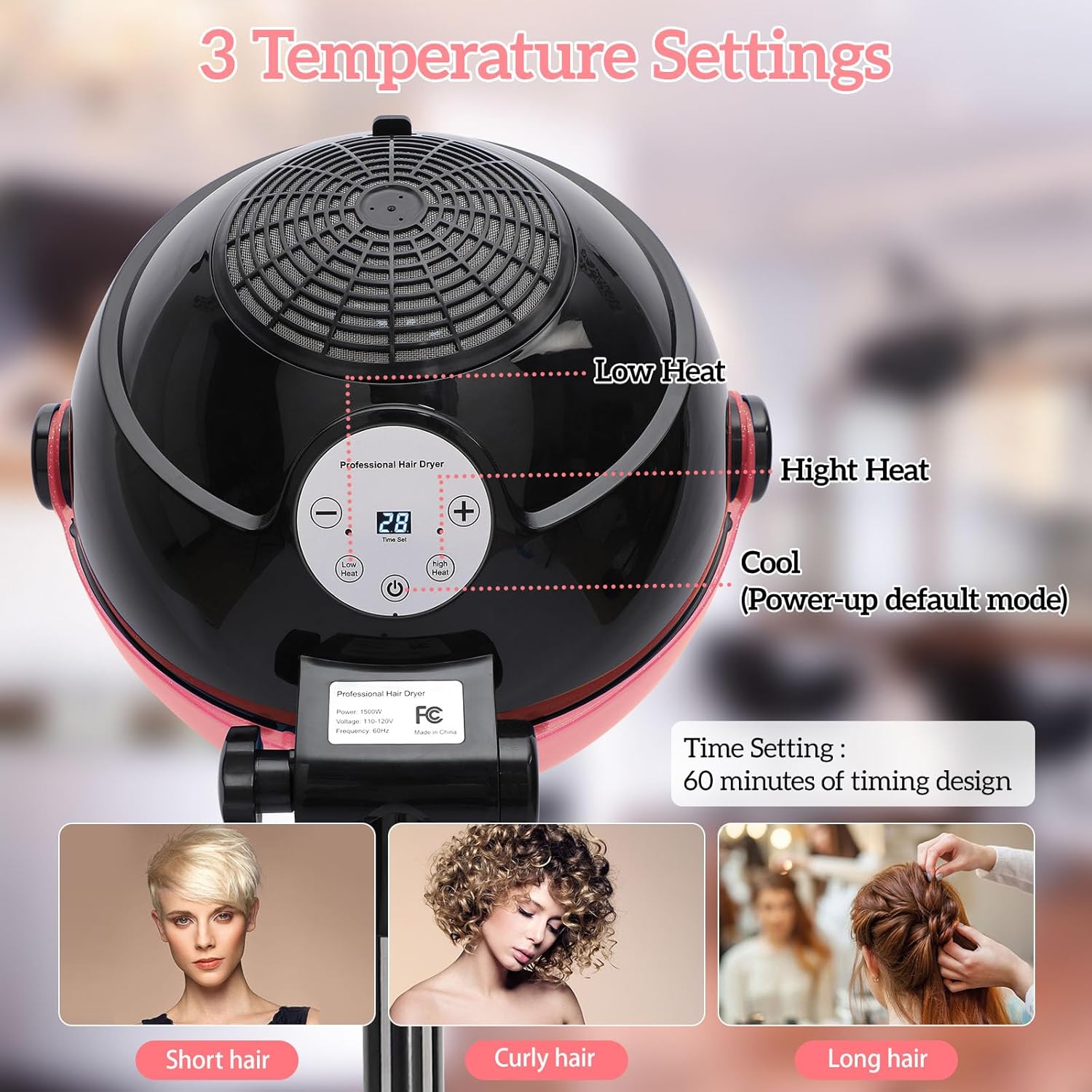Professional Hooded Hair Dryer with Adjustable Height and Touch Controls, 3 Heat Settings - Image 3