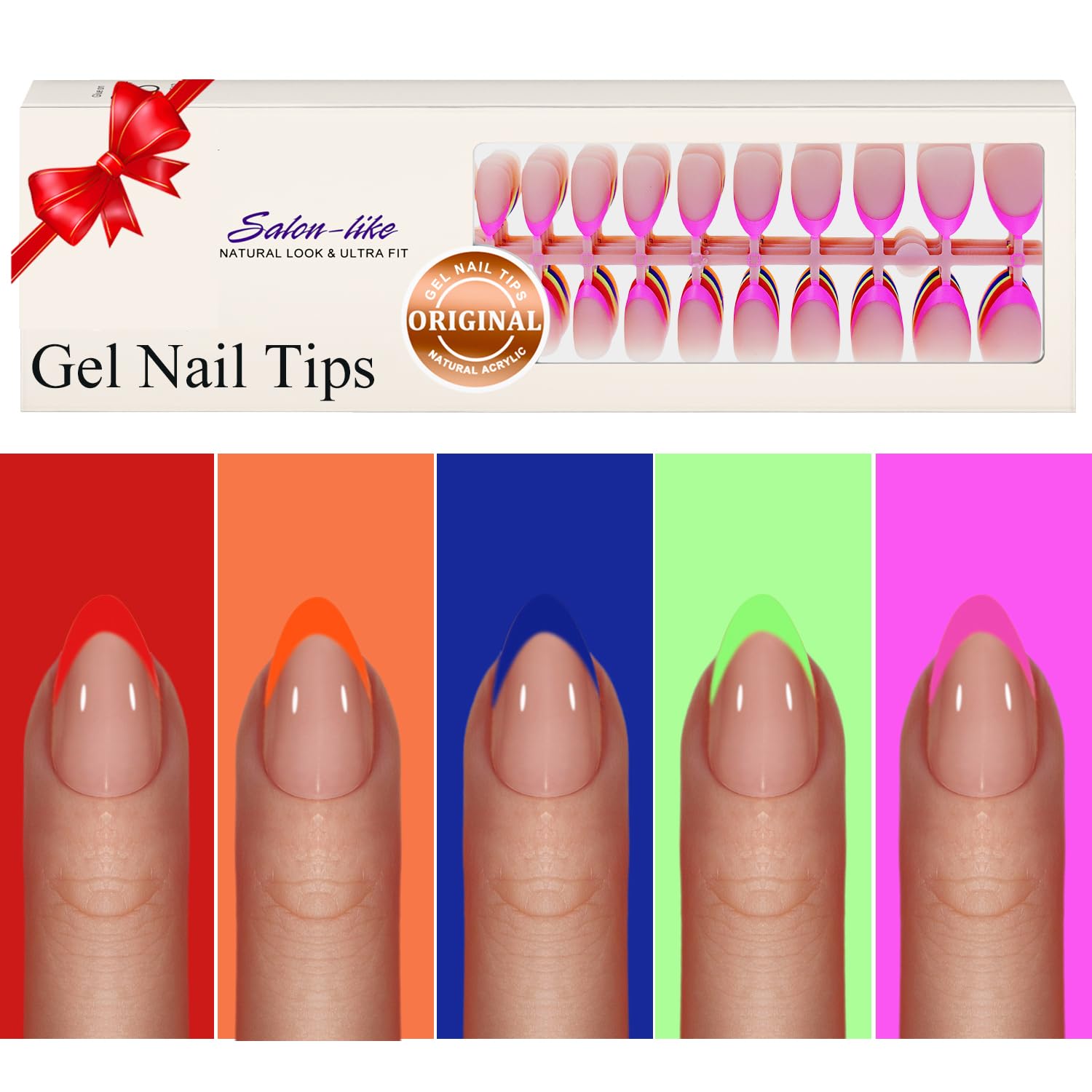 KQueenest French Gel Nail Tips - Vibrant Multi-Color French Tip Press on Nails, Short Almond Nail Tips, Short Soft Gel Natural Nude Acrylic Fake Nails Kit 150 Pcs