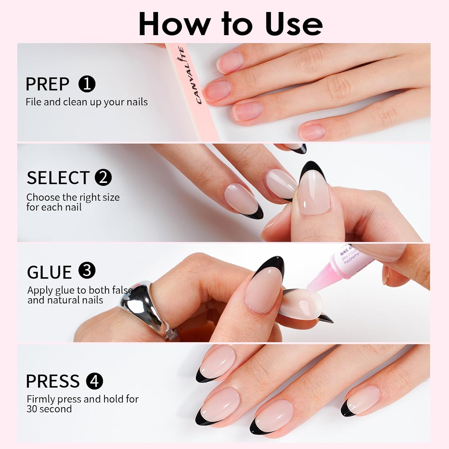Canvalite 30Pcs Short Almond French Tip Press On Nails with Glue and Remover, White - Image 6