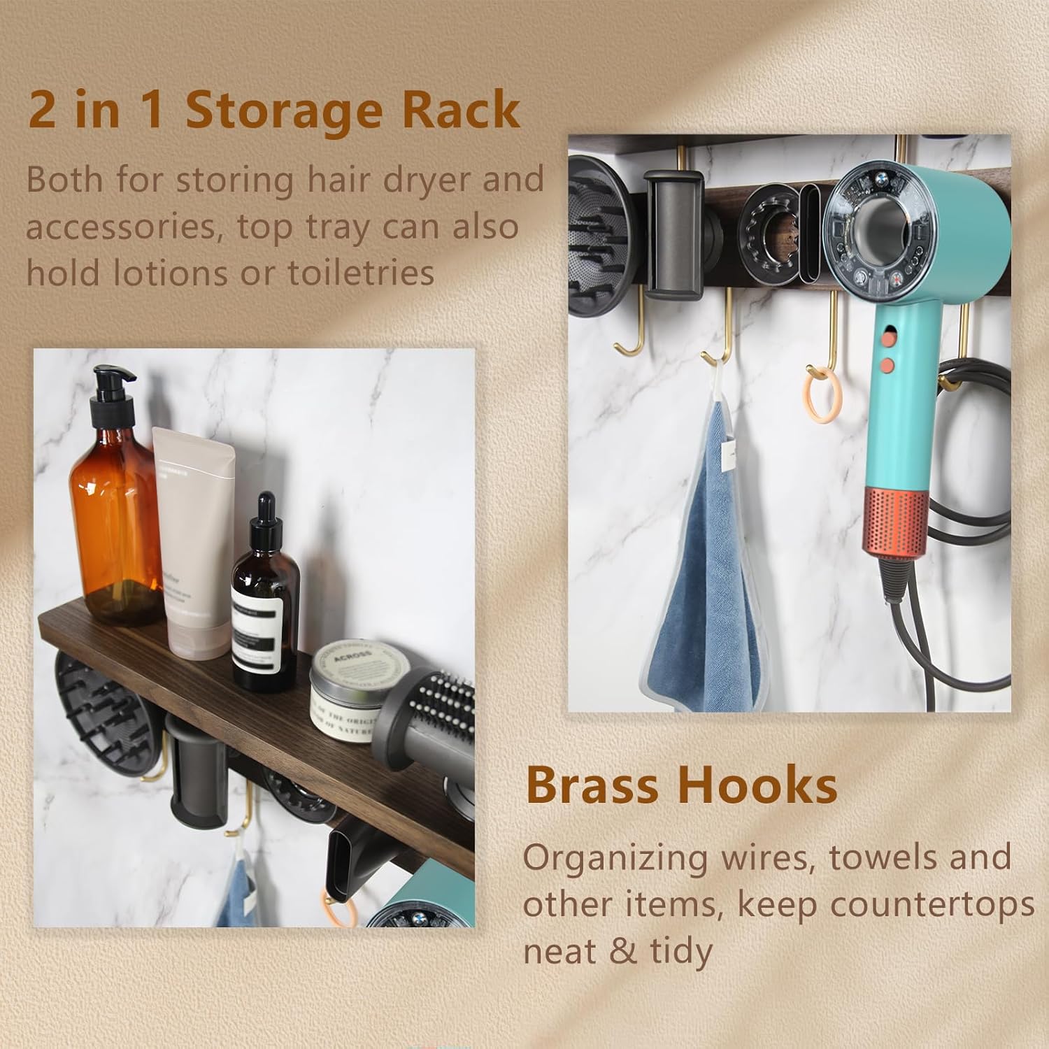 Wooden Wall Mount Holder Organizer for Dyson Supersonic Hair Dryer and Accessories - Image 4
