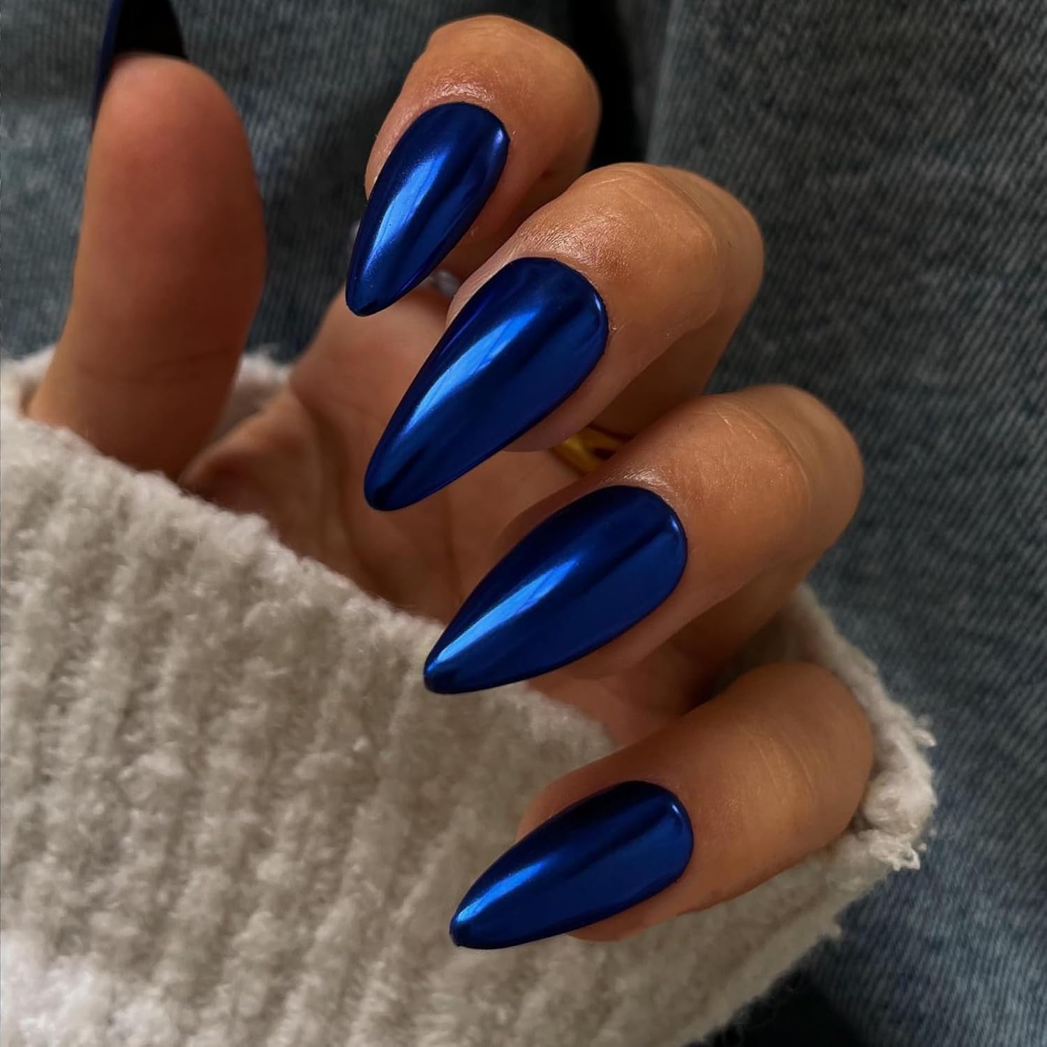 Medium Length Royal Blue Almond Chrome Glazed Press On Nails Reusable Acrylic Set - Image 2