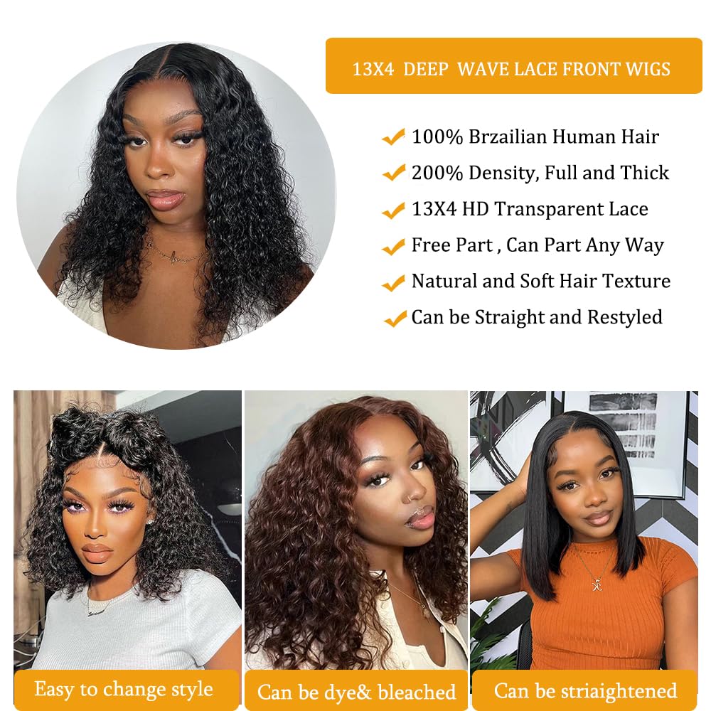 14 Inch Deep Wave Bob Wig Human Hair 13x4 Lace Front 200% Density Pre Plucked Wet Wavy - Image 3