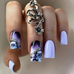 Dark Purple Gradient Press on Nails Gold Curve Line Stick on Nails Purple Marble Acrylic Fake Medium Square Nails 24 Pcs Glossy Gold Glitter False Nails Blooming Gel Glue on Nails for Women Girls