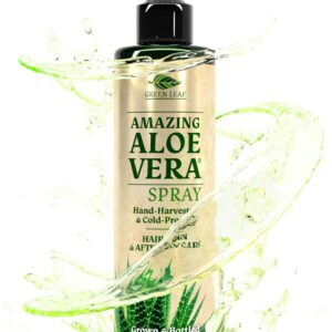 Green Leaf Naturals Aloe Vera Spray | 99% Cold-Pressed Aloe Vera Juice with Vitamin C, E & A | Hair, Skin, Facial Moisturizer, Sunburn Relief & After Sun Lotion 12oz