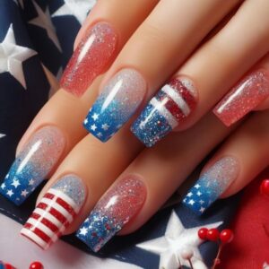 Independence Day Press on Nails Medium Square Stars Glitter Powder Sequins Design July 4th Patriotic False Nail Red White Stripes Artificial Coffin Nail Full Cover Acrylic Glue on Nails for Women