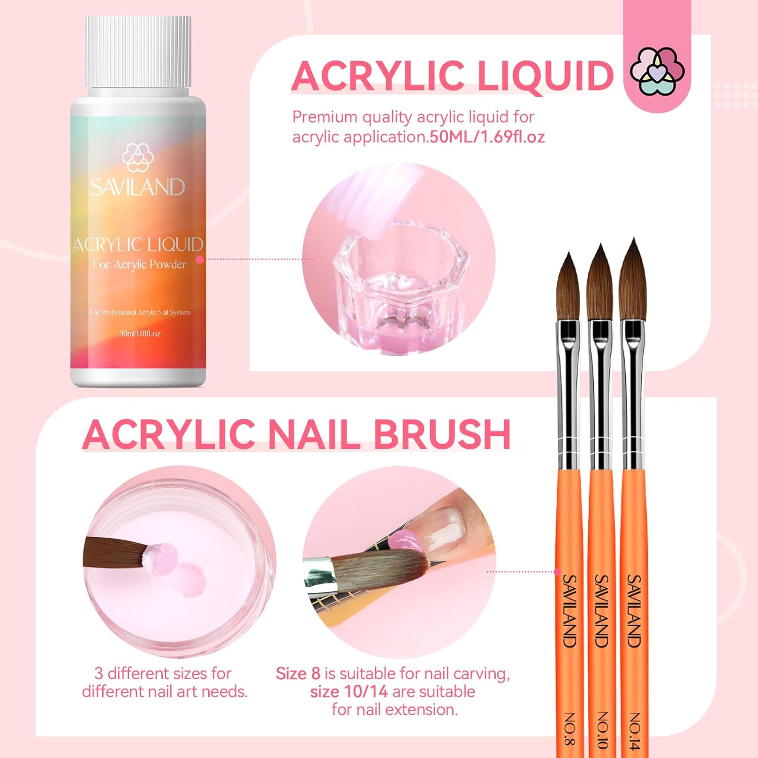 SAVILAND 12-Piece Beginner Acrylic Nail Kit with Nude, Pink, Clear, White Powders and 10ml Primer - Image 4