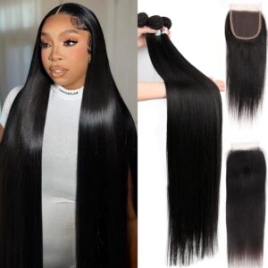 Human Hair Bundles with Closure Straight(22 24 26+20,Free Part) Closure with 3 Bundles Brazilian Virgin Hair 16A Extensions with Pre Plucked with Baby Hair 4X4 HD Lace Closure Natural Black Color