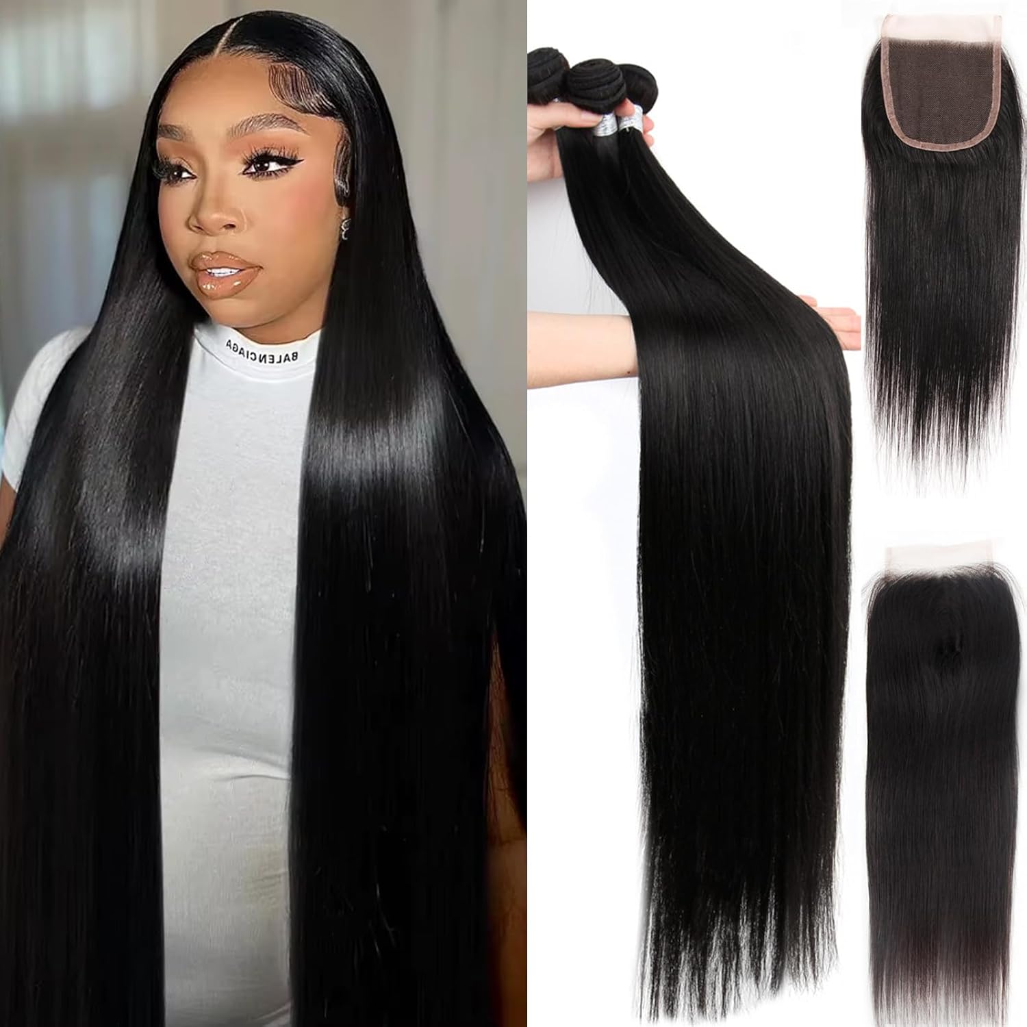 Human Hair Bundles with Closure Straight(22 24 26+20,Free Part) Closure with 3 Bundles Brazilian Virgin Hair 16A Extensions with Pre Plucked with Baby Hair 4X4 HD Lace Closure Natural Black Color