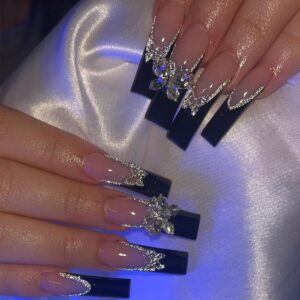 Medium Square Press on Nails Long Black French Tip Fake Nails Ballerina Pink Glue on Nails Charms Butterfly Bling Gel Full Cover Stick on Nails Acrylic Women Wedding Birthday