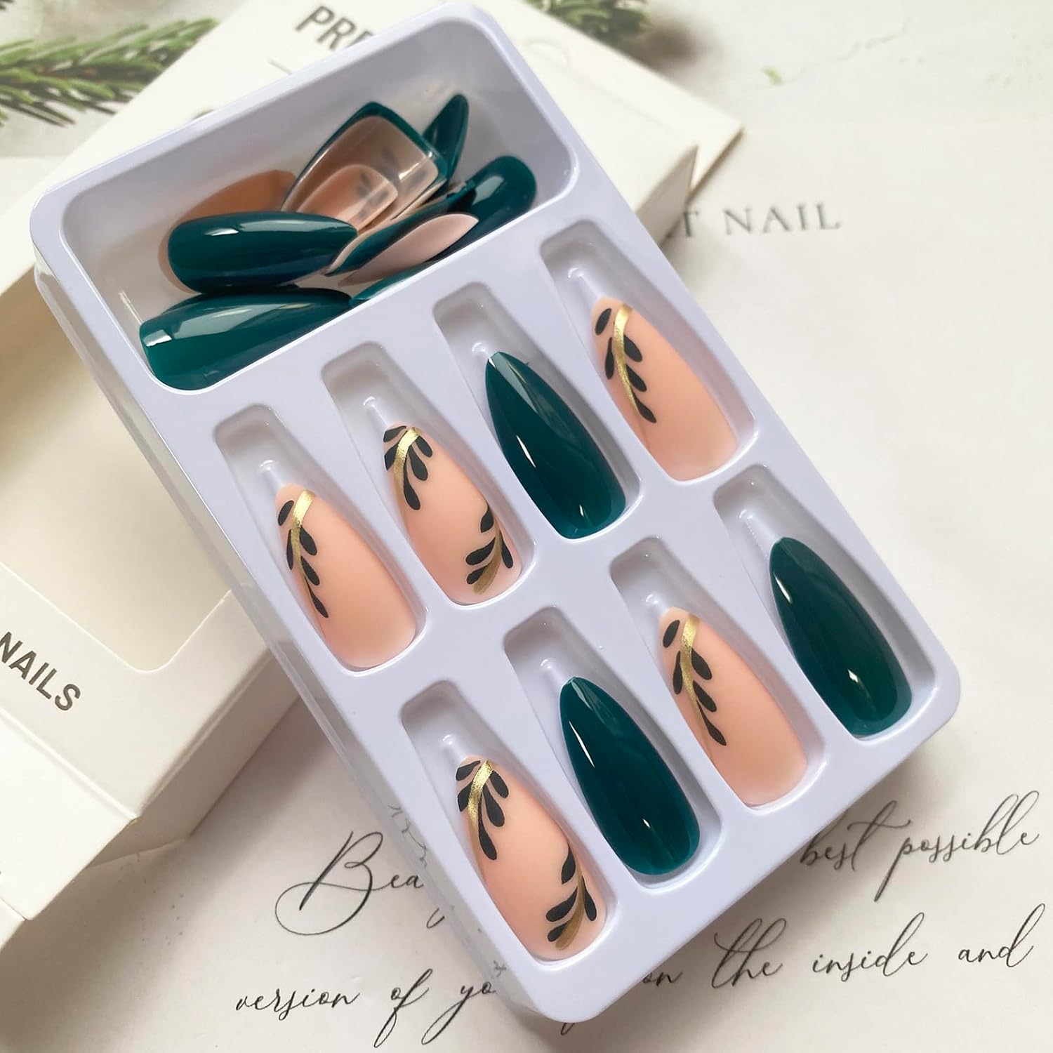 24 Pcs Medium Length Almond Shaped Press on Nails in Green with Gold Leaf Designs - Image 4