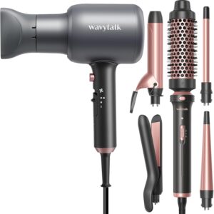 Wavytalk Ionic Hair Blow Dryer with Diffuser for Women, 5 in 1 Curling Iron Set with Thermal Brush and 4 Interchangeable Ceramic Curling Wand(0.5”-1.25”)