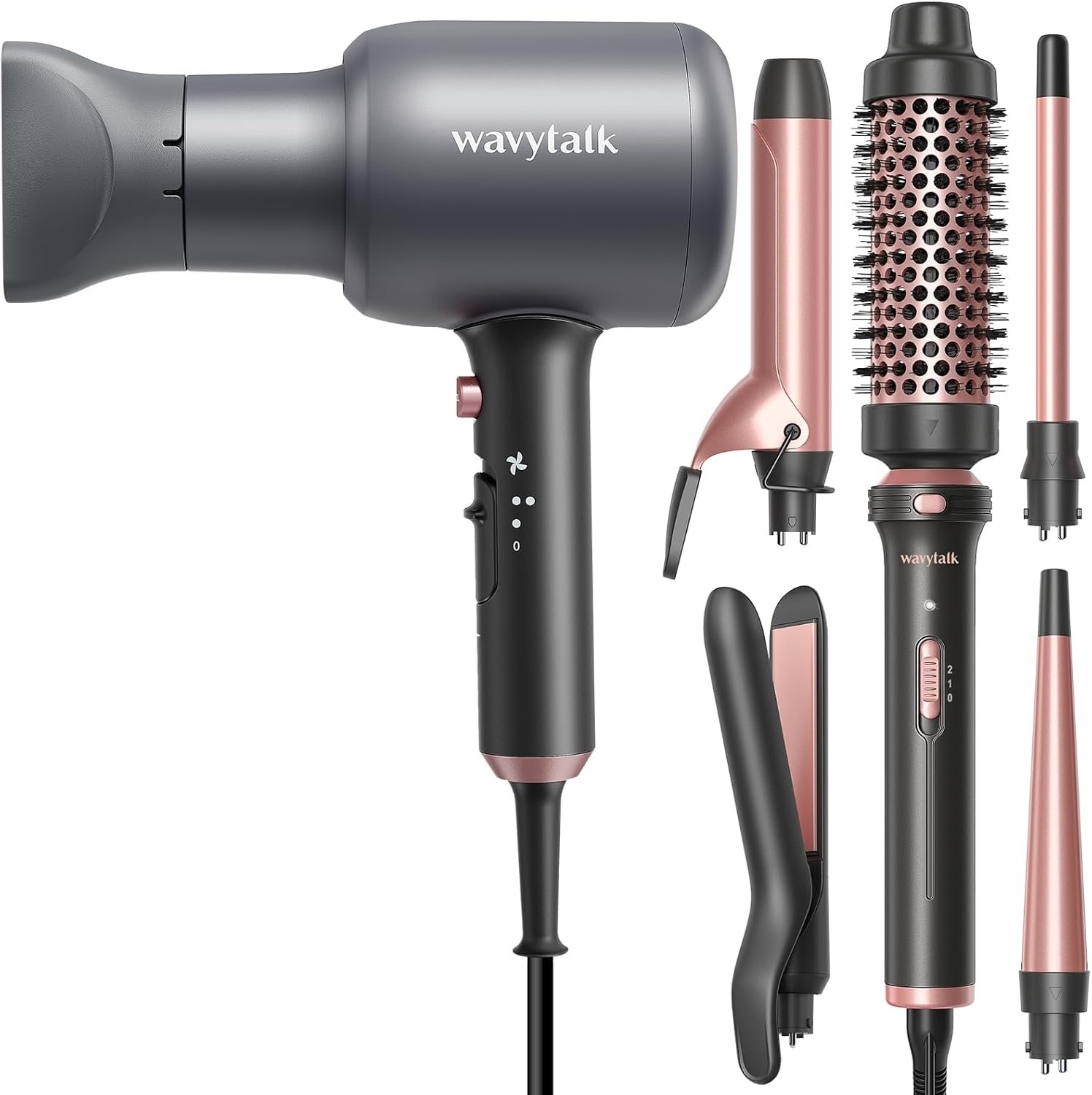 Wavytalk Ionic Hair Blow Dryer with Diffuser for Women, 5 in 1 Curling Iron Set with Thermal Brush and 4 Interchangeable Ceramic Curling Wand(0.5”-1.25”)