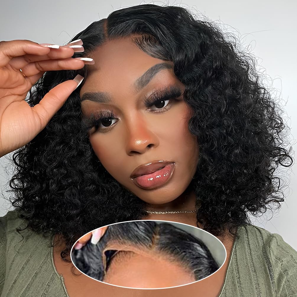Wear and Go Glueless Wigs Human Hair Pre Plucked Pre Cut Bob 4x4 Curly Wave Lace Front Wig 180% Density No Glue Human Hair Wigs for Black Women, Natural Black 1B, 10 Inch